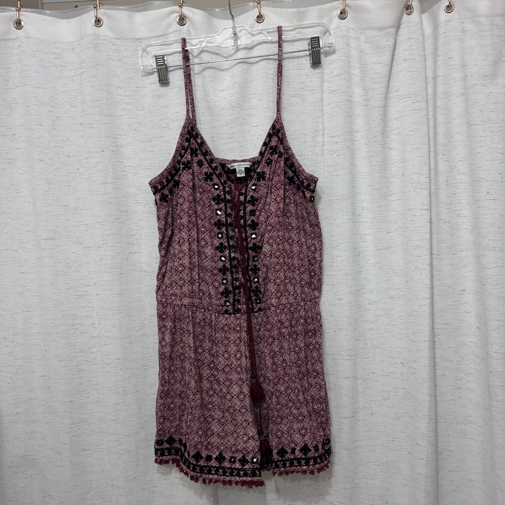 American Eagle Medallion Print Embroidered Mirror Tassel Romper Burgundy Medium
